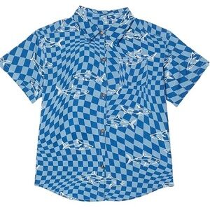 CHASER Youth Boys Blue Checkered Shark Print Button Down Shirt